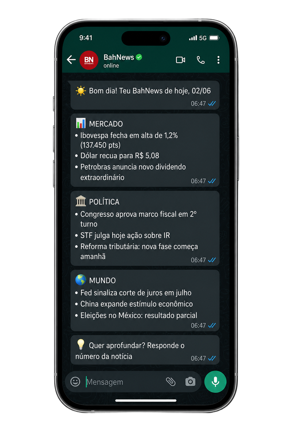 Celular exibindo o BahNews no WhatsApp com a curadoria diária de notícias